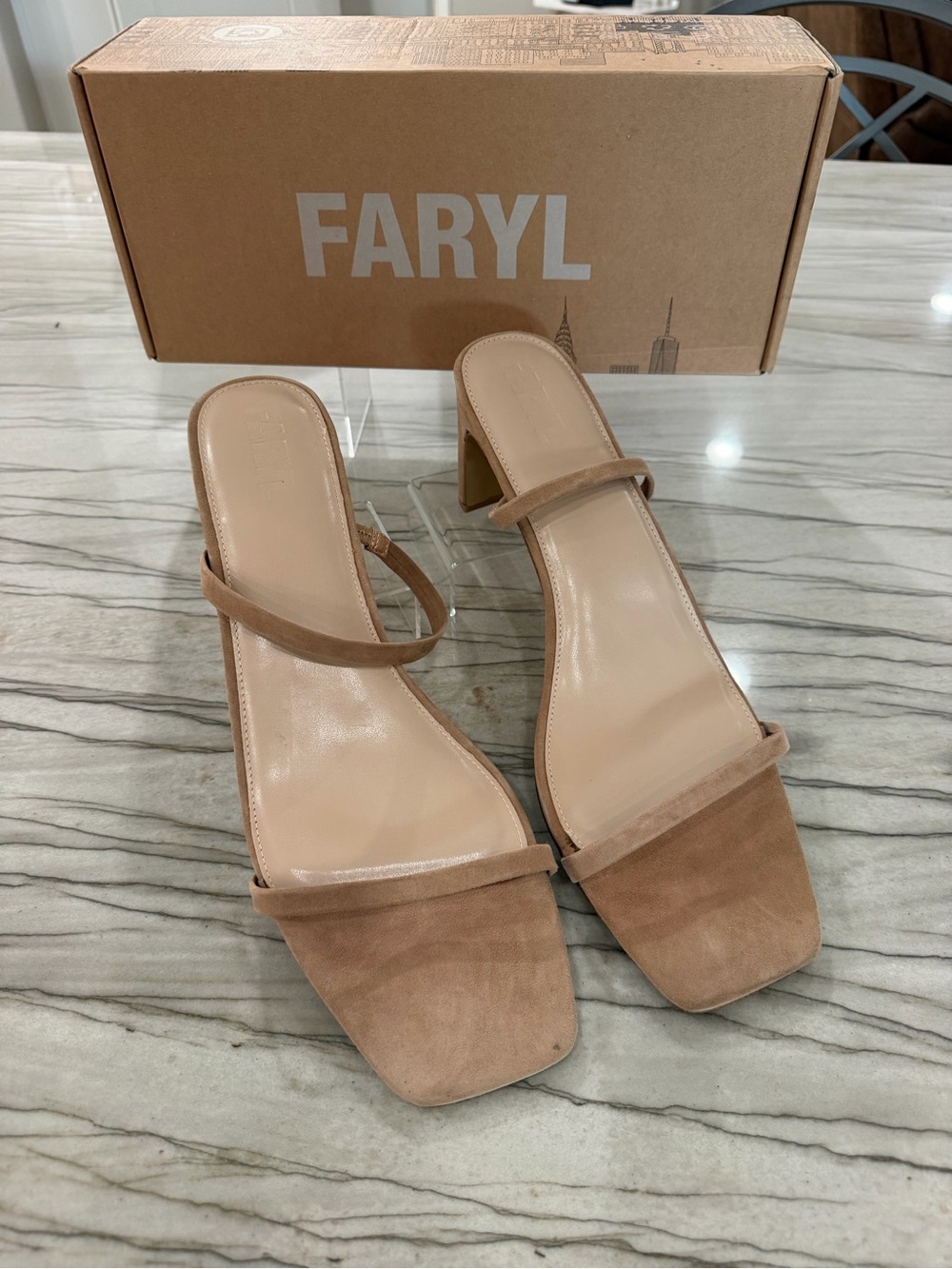 Women's Tan Suede Block Heel Slide Sandals